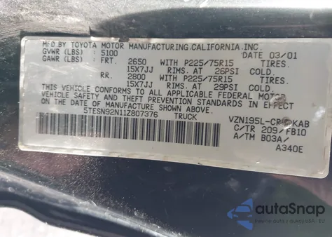 2001 Toyota Tacoma Prerunner V6 z USA, uszkodzony, nr VIN 5TESN92N11Z807376